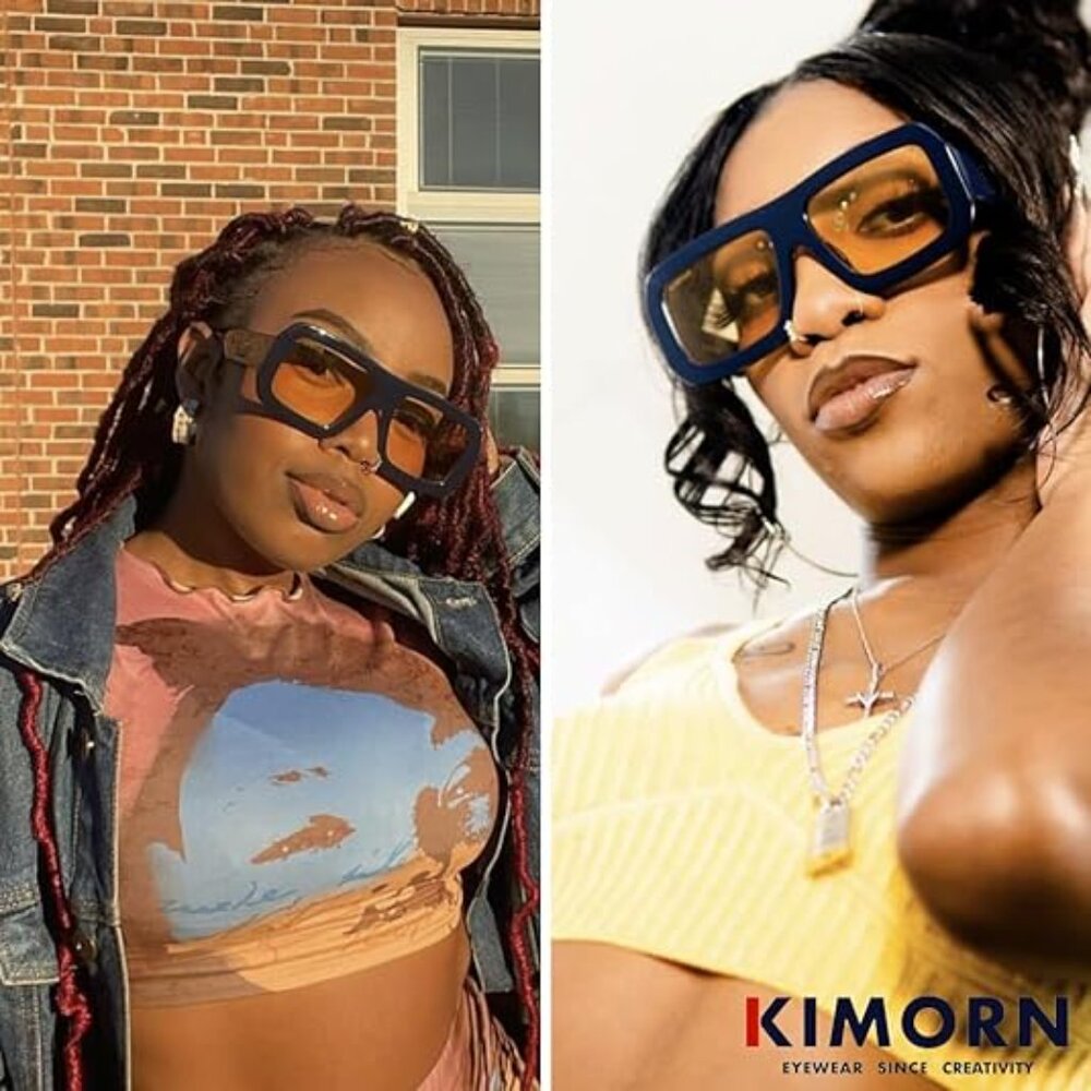 kimorn Sunglasses Retro Oversize Square Frames K1571 Dark Blue + Yellow Lens